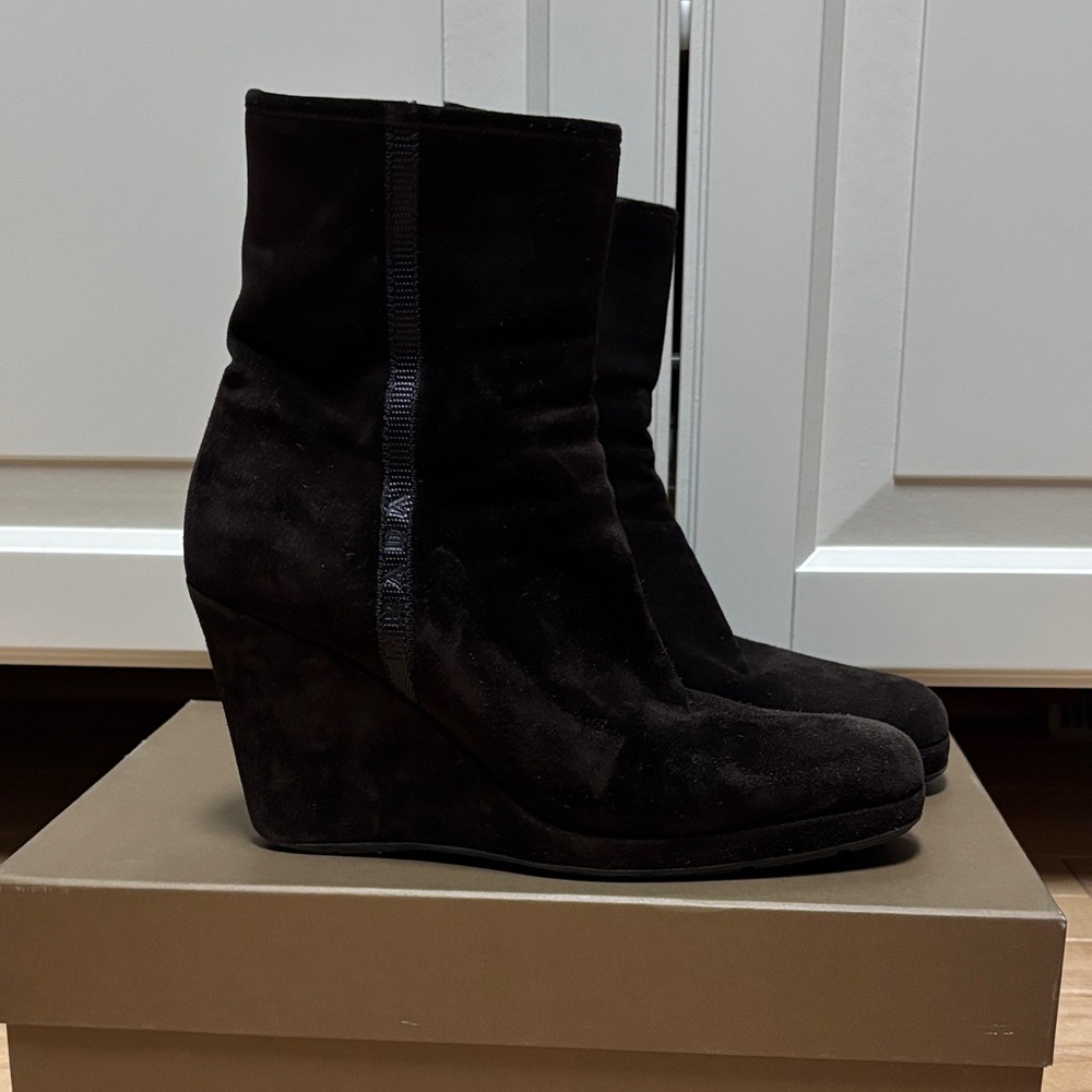 Prada Dark Suede Wedge Boots